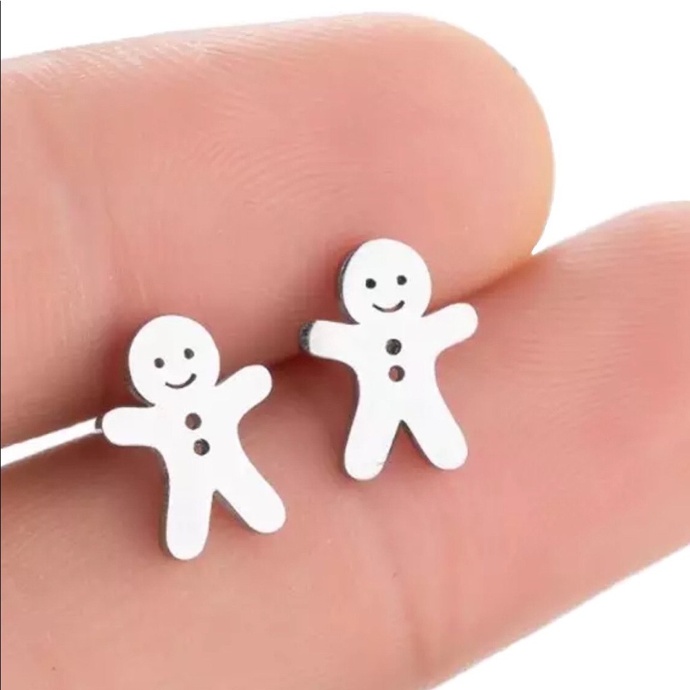 Women Girls Stud Earrings Christmas Gingerbread Silver Tone Stainless Steel NWOT